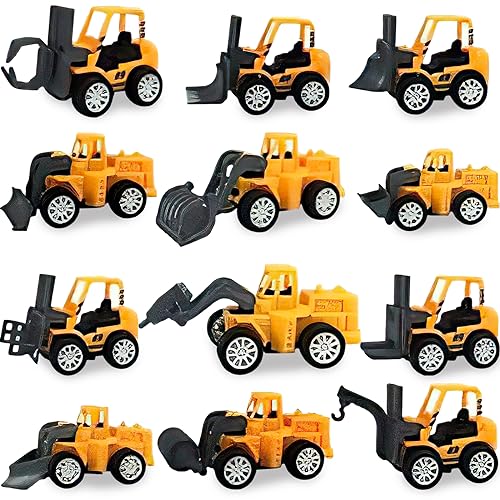 3 otters 12PCS Mini Construction Vehicles, Pull Back Engineering Vehicles Construction Trucks for Kids Birthday Bag Stuffers Cake Topper Valentine Classroom Exchange Gifts