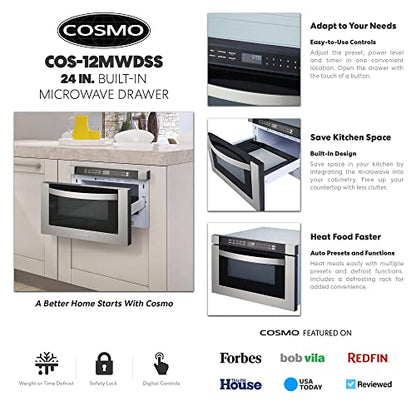 COSMO COS-12MWDSS 24 in. Built-in Microwave Drawer with Automatic Presets, Touch Controls, Defrosting Rack and 1.2 cu. ft. Capacity in Stainless Steel