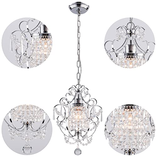 FLSFU Mini Chandelier Light Fixture,Modern Chrome Crystal Ceiling Light Fixtures 1 Light Small Chandeliers for Bathroom,Farmhouse Pendant Lighting for Girls Room Dining Room Closet Kitchen Island
