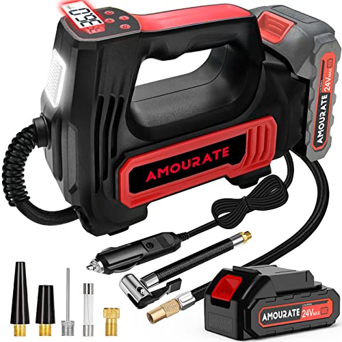 Amourate 24V Air Compressor Tire Inflator Portable for Car, Cordless Air Pump (150 PSI) with 12V Car Adapter Rechargeable Battery,Digital Pressure Gauge,Auto-off inflating Red