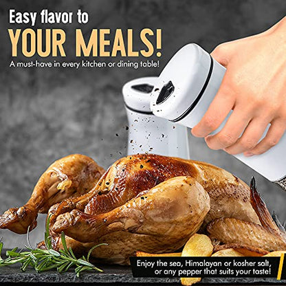 The Original Salt and Pepper Shakers set - White- Spice Dispenser with Adjustable Pour Holes - Stainless Steel & Glass - Set of 2 Bottles