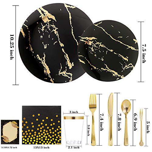 N9R 225pcs Black Gold Plastic Plates, Disposable Dinnerware Set Include 25 Dinner Plates, 25 Dessert Plates, 25 Gold Plastic Silverware, 25 Mini Forks, Gold Cups, Napkins and Table Cards for Party