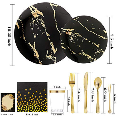 N9R 225pcs Black Gold Plastic Plates, Disposable Dinnerware Set Include 25 Dinner Plates, 25 Dessert Plates, 25 Gold Plastic Silverware, 25 Mini Forks, Gold Cups, Napkins and Table Cards for Party
