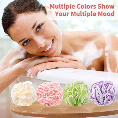 BCKENEY Bath Shower Sponge Soft Mesh Poufs Shower Loofah Ball Body Wash Scrubber Bath Sponge for Women and Men Soothing Face & Body Exfoliator (4Pcs 60G Luxury)