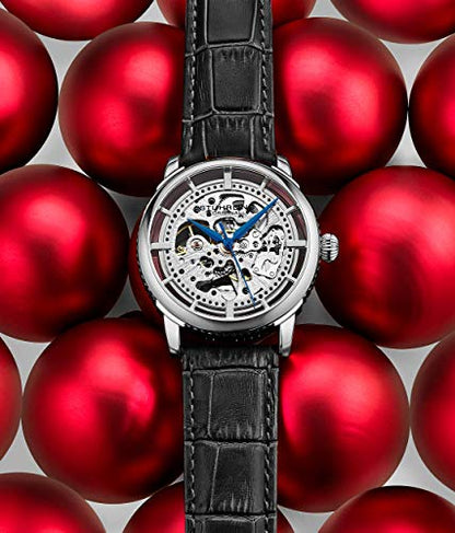 Stuhrling Original Mens Automatic Watch Skeleton Stainless Steel Self Winding Dress Watch with Premium Leather Band Legacy Collection (Silver)