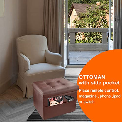 ALASDO Storage Ottoman with Double Pocket Folding Rectangle Cube Ottoman Foot Rest Stool Leather Ottomans Foot Rest for Bedroom L17W13H13(Brown)