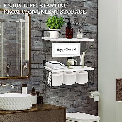 Floating Shelves, Bathroom Shelves with Metal Guardrail Shelves for Wall Decor Set of 3, Rustic Wood Wall Shelves for Bathroom,Bedroom, Living Room, Kitchen, Plants (White)