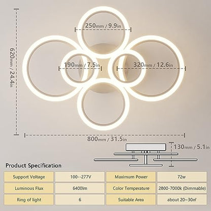 OUQI LED Ceiling Light 72W LED Ceiling Lamp 6400LM White 6 Rings Lighting Fixture for Living Room,Bedroom,Dining Room,Dimmable Remote Control,3 Color