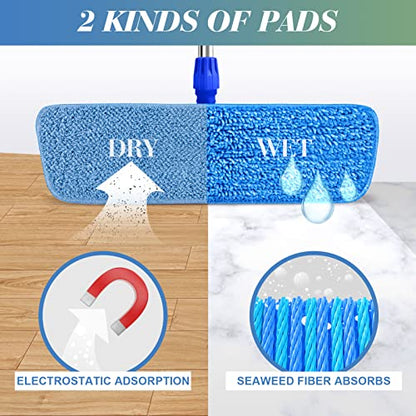 Bonpally Microfiber Mop for Floor Cleaning, 18" Flat Mop for Hardwood Floors, Laminate Floor Mop for Cleaning with Extendable Handle, 4 Reusable Mop Pads, Wet and Dust Mops for Floor Cleaning,Blue