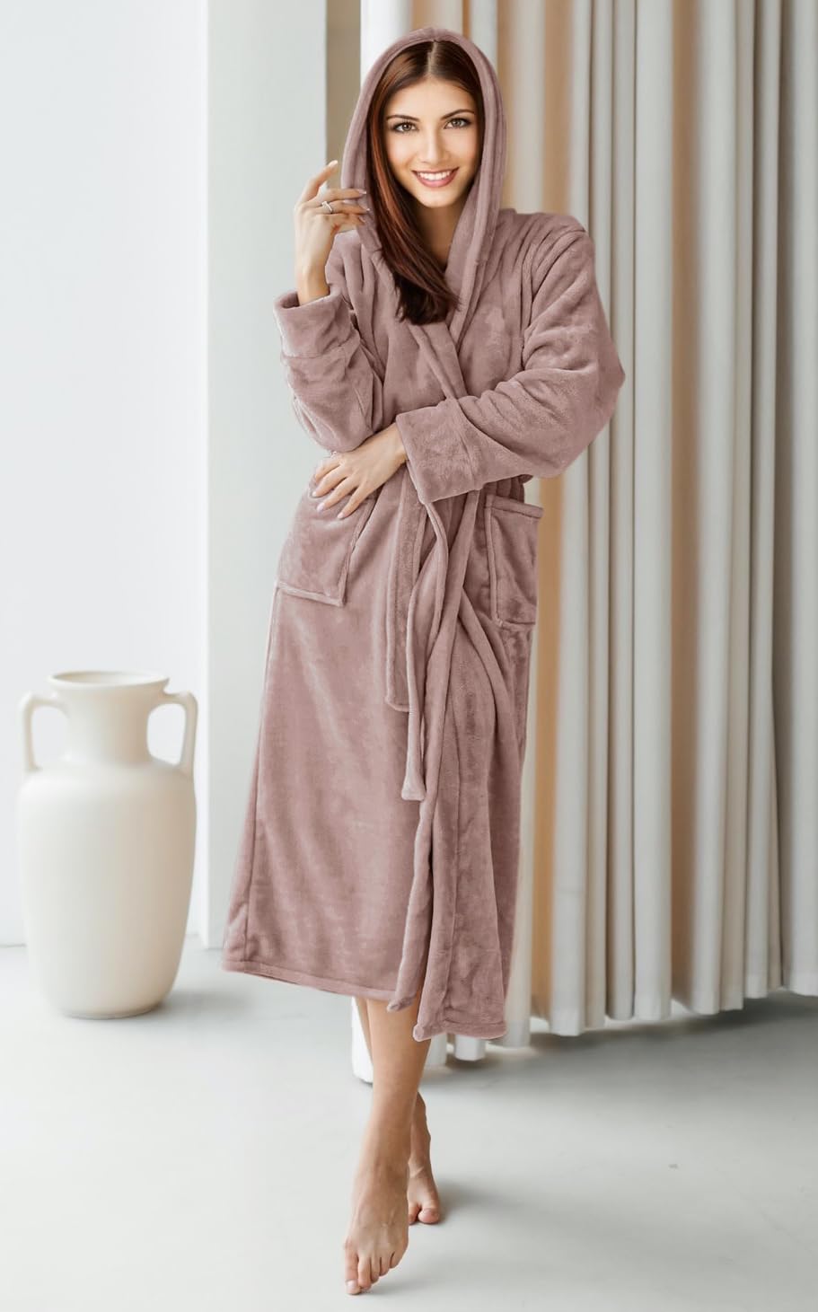 NY Threads Womens Fleece Hooded Bath Robe - Plush Long Robe, Taupe, Small