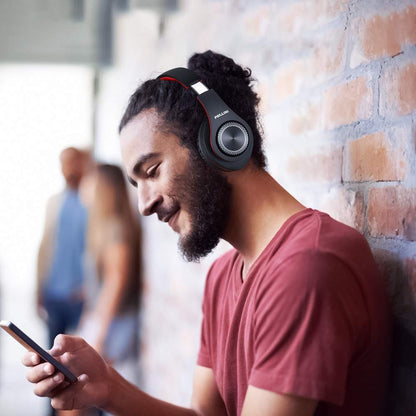 Bluetooth Headphones Wireless, pollini 40H Playtime Foldable Over Ear Headphones with Microphone, Deep Bass Stereo Headset with Soft Memory-Protein Earmuffs for iPhone/Android Cell Phone/PC(Black-Red)