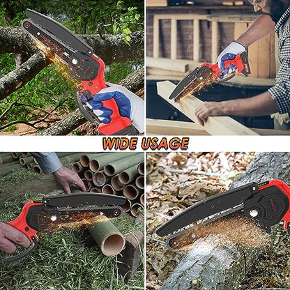 Mini Chainsaw Cordless, 6-Inch Electric Chainsaw, 21V Battery Powered Pruning Chainsaw, Handheld Small Chainsaw for Trees Trimming Wood Cutting (2 Batteries and 2 Chains)