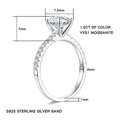 1.5CT Moissanite Ring for Women, D Color VVS1 Clarity Brilliant Simulated Diamond Rings Solitaire Round Cut Moissanite Rings 18K White Gold Plated S925 Sterling Silver Women Moissanite Engagement Ring