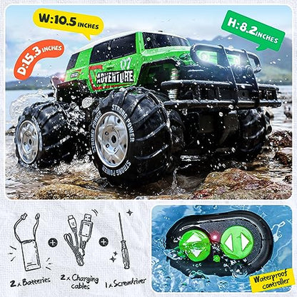 Ruko 1601AMP2 Amphibious RC Truck, 1:10 Scale All Terrains 4WD RC Car, IPX6 Waterproof Monster Truck with Lights, 2 Rechargeable Batteries for 50min Play, Gifts for Kids (Green)