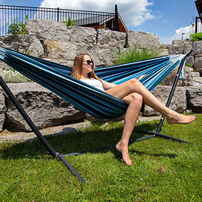 Vivere Double Cotton Hammock with Space Saving Steel Stand, Blue Lagoon (450 lb Capacity - Premium Carry Bag Included)