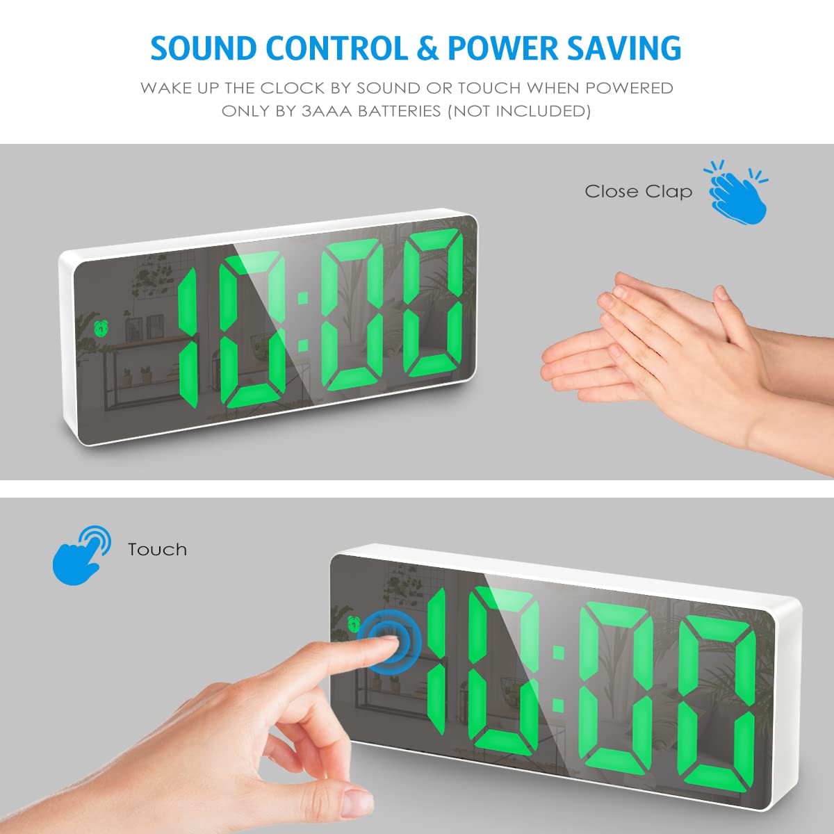 Olipiter Digital Clock for Heavy Sleepers, Alarm Clocks for Bedrooms, LED Digital Clock Large Display, USB/Battery Desktop Clock with Temperature, Adjustable Brightness, Voice Control, 12/24H
