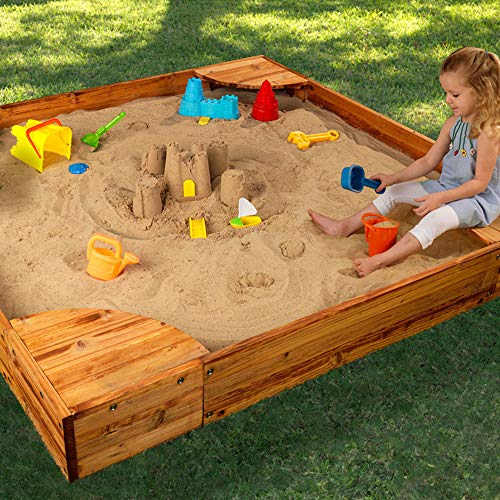 KidKraft Wooden Backyard Sandbox with Built-in Corner Seating and Mesh Cover, Kid's Outdoor Furniture, Honey, Gift for Ages 2-8