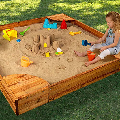 KidKraft Wooden Backyard Sandbox with Built-in Corner Seating and Mesh Cover, Kid's Outdoor Furniture, Honey, Gift for Ages 2-8