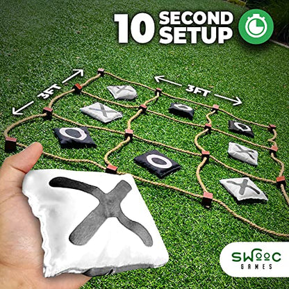 SWOOC Games - Giant Tic Tac Toe Game Outdoor Game | 3ft x 3ft | Instant Setup, No Assembly | Tic Tac Toe Bean Bag Toss with Rope Game Board | Large Tic Tac Toss Across Yard Game for Kids & Family