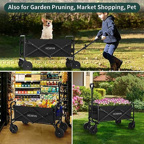 Collapsible Wagon, Wagon Cart with Wheels Foldable, Utility Wagon Cart with Wheels Foldable, Heavy Duty 100L Large with Drink Holders for Garden, Camping, Beach, Shopping(Black)
