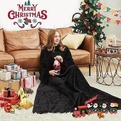 HOSUKKO Fleece blanket hoodie with Sleeves Pocket and Hat - Super Warm and Cozy Giant Blanket Hoodie - Thick Flannel Blanket - Black