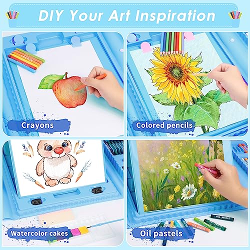 Art Supplies 248 Pieces, Girls Boys Teen Artist Drawing Art Kit, Arts and Crafts Gift, Art Set Box with Reversible Tri-Fold Easel, A4 Paper, Coloring Book, Oil Pastels, Crayons, Colored Pencils, Bule