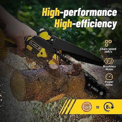 Mini Chainsaw Cordless 6'' with 2×21V Battery, IMOUMLIVE Brushless Powerful Electric Small Hand Portable Chain Saw with Auto Oiler, Lightweight, 2.2 lbs, Handheld, Easy For Pruning, Cutting, Trimming