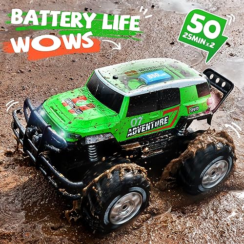 Ruko 1601AMP2 Amphibious RC Truck, 1:10 Scale All Terrains 4WD RC Car, IPX6 Waterproof Monster Truck with Lights, 2 Rechargeable Batteries for 50min Play, Gifts for Kids (Green)