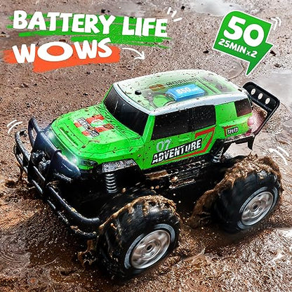 Ruko 1601AMP2 Amphibious RC Truck, 1:10 Scale All Terrains 4WD RC Car, IPX6 Waterproof Monster Truck with Lights, 2 Rechargeable Batteries for 50min Play, Gifts for Kids (Green)