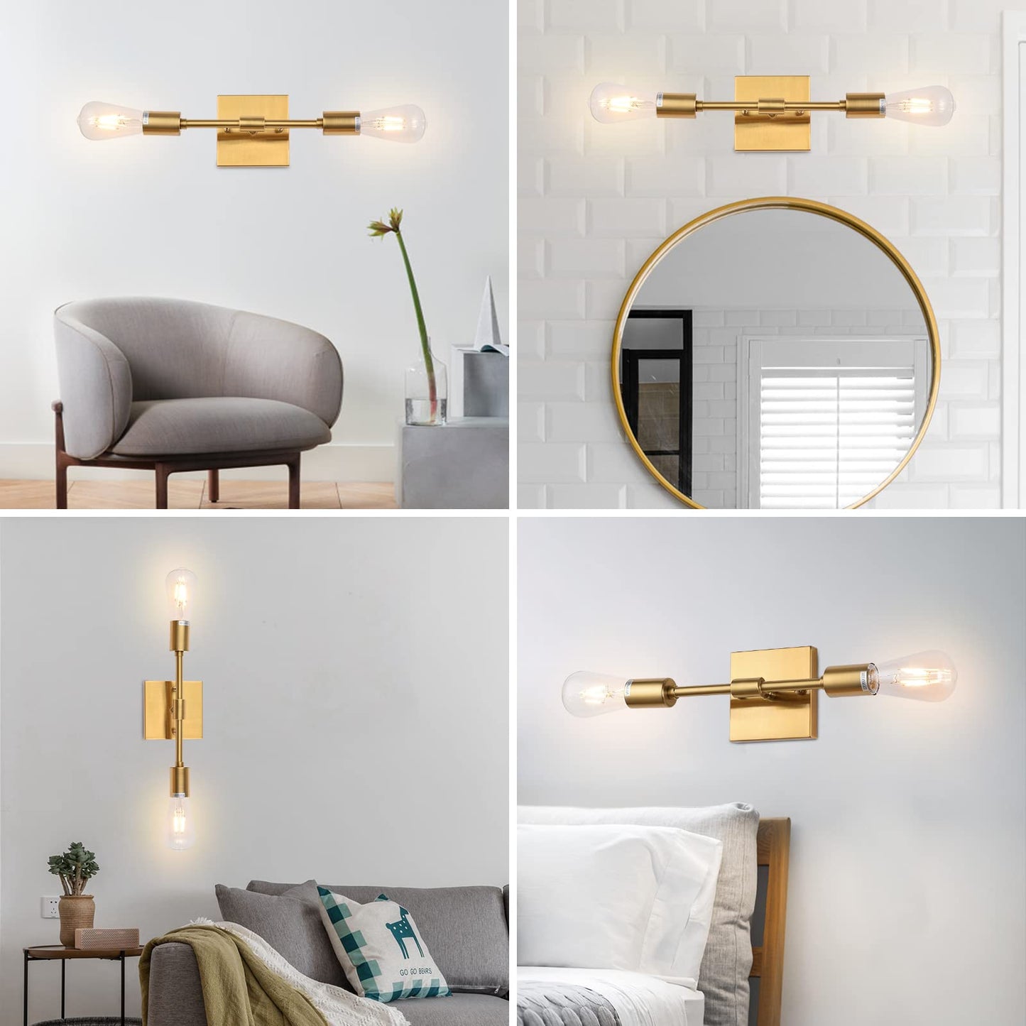 Lanhall Gold Bathroom Light Fixtures, 2 Light Mid Century Modern Bathroom Vanity Lighting Brushed Brass Wall Sconce Lights for Bathroom, Mirror, Bedroom, Living Room, Hallway, Entryway E26 Base