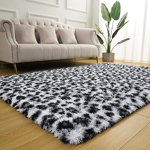 BENRON Fluffy Bedroom Rug Leopard Rug for Living Room Black and White Area Rug 4x6 Ft Cute Cheetah Print Rug for Kids Girls Boys Nursery Room Decor Alfombras para Salas