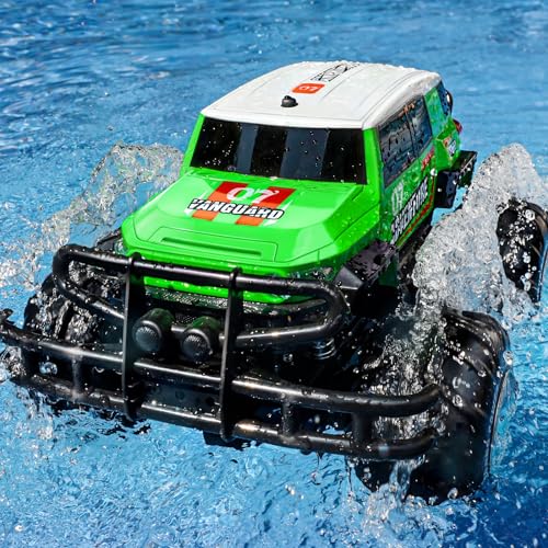 Ruko 1601AMP2 Amphibious RC Truck, 1:10 Scale All Terrains 4WD RC Car, IPX6 Waterproof Monster Truck with Lights, 2 Rechargeable Batteries for 50min Play, Gifts for Kids (Green)