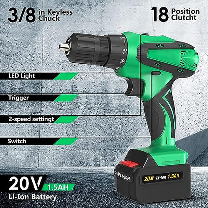 ENZOO 20V Cordless Drill, Electric Power Drill Set with Battery and Charger+23 pc. Impact Driver/Drill Bits, 3/8" Keyless Chuck, 2 Variable Speed, 248 In-lb Torque, 18+1 Position