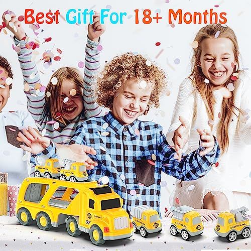 Toddler Car Toys for 3 4 5 Years Old Construction Transport Truck with 4 Pack Small Pull Back Construction Vehicles Friction Power Cars Christmas Birthday Gifts for Kids Boys Girls
