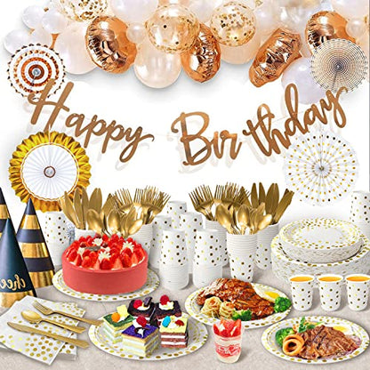 350PCS White and Gold Party Supplies, Severs 50 Disposable Gold Paper Plates Party Supplies Engagement Party Decorations Gold Plastic Forks Knives Spoons Napkins Cups for Wedding Bachelorette