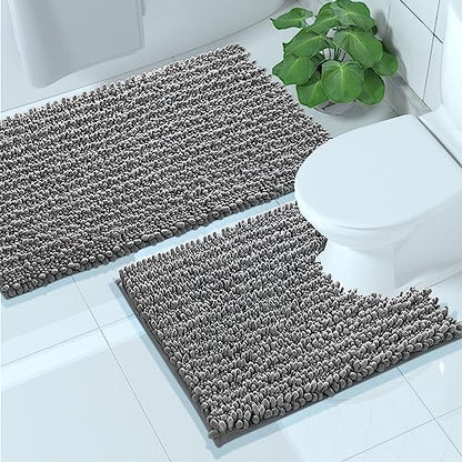 Yimobra Luxury Bathroom Rugs Sets 2 Piece, Soft U-Shaped Contour Toilet Rug and Fluffy Chenille Bath Rug, Non-Slip Absorbent Bath Floor Mat Carpet Set, Machine Washable, 31x20+24x20 Inch Grey