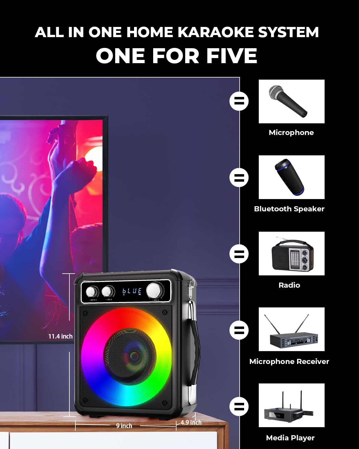 VOSOCO Karaoke Machine, Portable Bluetooth Speaker with 2 Wireless Microphones, PA System for Adults Kids with LED Lights, Supports TWS/REC/FM/AUX/USB/TF for Home Party