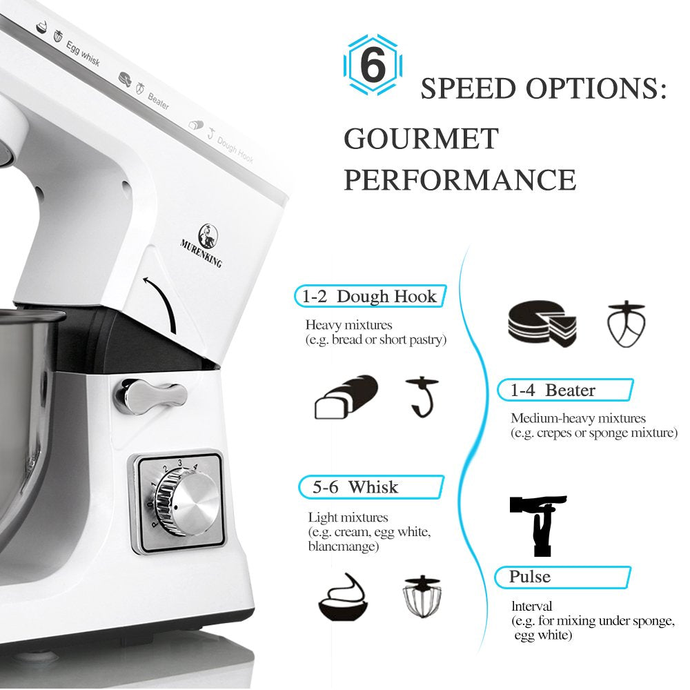MURENKING Stand Mixer 5.3-Quart 500W,6+P Speed Tilt-Head Kitchen Electric Food Mixers Home Baking Dough Machine with Stainless Steel Bowl,Dough Hooks, Whisk, Beater, Pouring Shield (White)