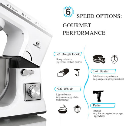 MURENKING Stand Mixer 5.3-Quart 500W,6+P Speed Tilt-Head Kitchen Electric Food Mixers Home Baking Dough Machine with Stainless Steel Bowl,Dough Hooks, Whisk, Beater, Pouring Shield (White)