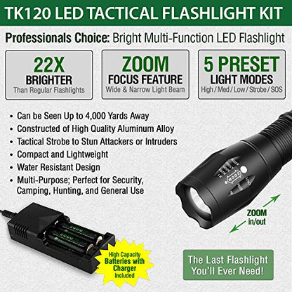 EcoGear FX Complete LED Tactical Flashlight Kit TK120: High Lumens with 5 Light Modes, Water Resistant, Zoomable - Includes Rechargeable Batteries and Battery Charger