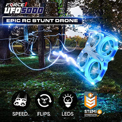Force1 UFO 5000 Mini Drone for Kids - LED Remote Control Drone Flying Toy, Small RC Quadcopter for Beginners with Leds, 2.4 GHz Remote Control, 360 Flips, 11 LED Modes, 3 Speeds, 2 UFO Drone Batteries