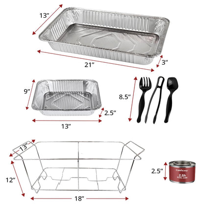 Disposable Chafing Dish Buffet Set, 33 Piece of Chafing Servers with Food Warmers, Covers, Half-Size Food Pans, Water Trays, Serving Utensils, Foil Lids and 2.5H Fuel Cans for Parties, Catering