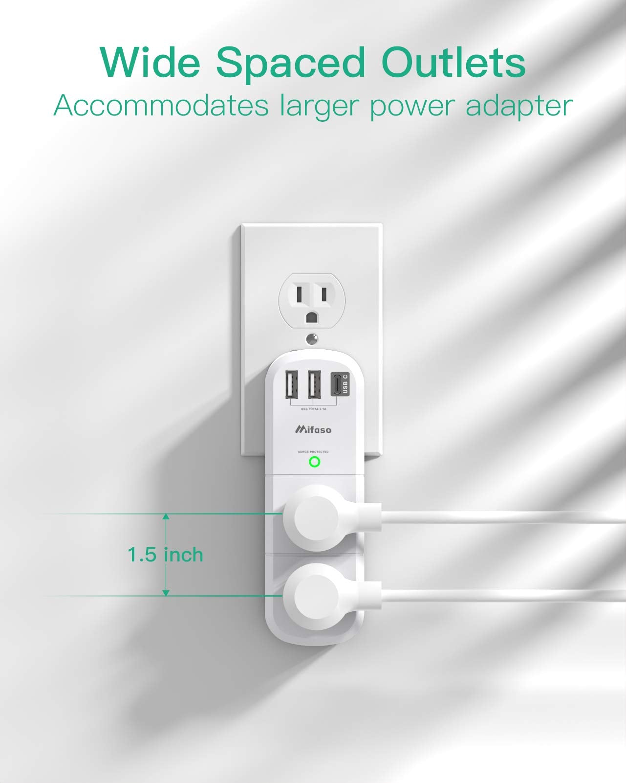 USB Outlet Extender Surge Protector - with Rotating Plug, 6 AC Multi Plug and 3 Ports (1 C), 1800 Joules, 3-Sided Swivel Power Strip Spaced Splitter for Home, Office, Travel