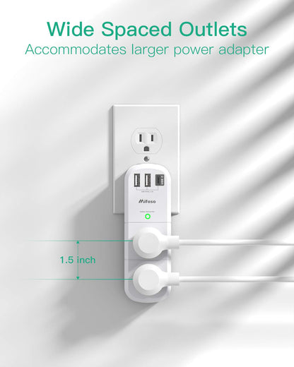 USB Outlet Extender Surge Protector - with Rotating Plug, 6 AC Multi Plug and 3 Ports (1 C), 1800 Joules, 3-Sided Swivel Power Strip Spaced Splitter for Home, Office, Travel