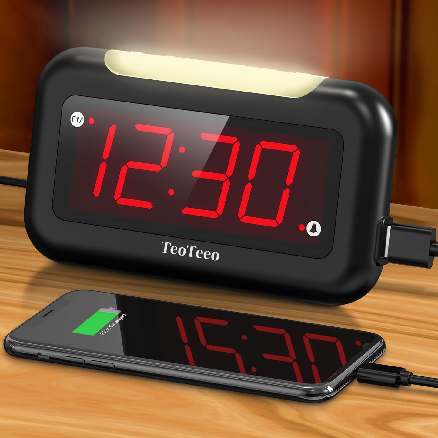 TeoTeeo Alarm Clock with Red Digits,3 Level NightLight Alarm Clocks for Bedrooms,Plug in Digital Clock with USB Charging Port,Adjustable Volume,Dimmable,Snooze,Alarm Clock for Kids