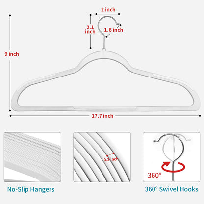 ABHENG 20 Pack Clothes Hangers, Non Slip Plastic Coat Hangers, 360°Swivel Hook, Space Saving, 0.2 Inches Thick, Heavy Duty, Hanging Dry Wet Clothes, White + Silver, UAPY0120W