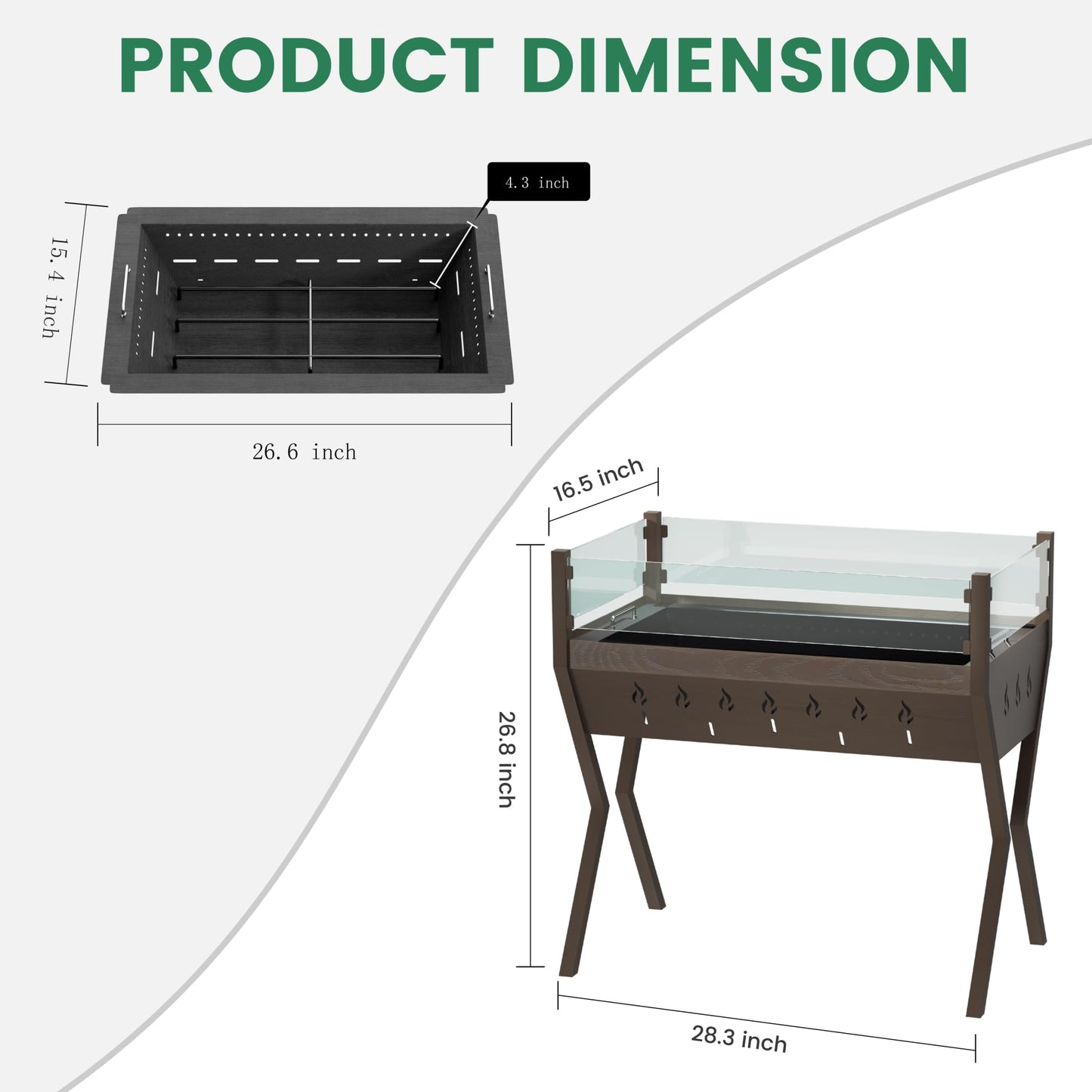 Rectangular Fire Pit for Outside, Outdoor Wood Burning Fire Pit for Patio Backyard Garden Deck Camping, Bonfire Campfire Metal Fire Pit Table with Glass Wind Guard, Brown