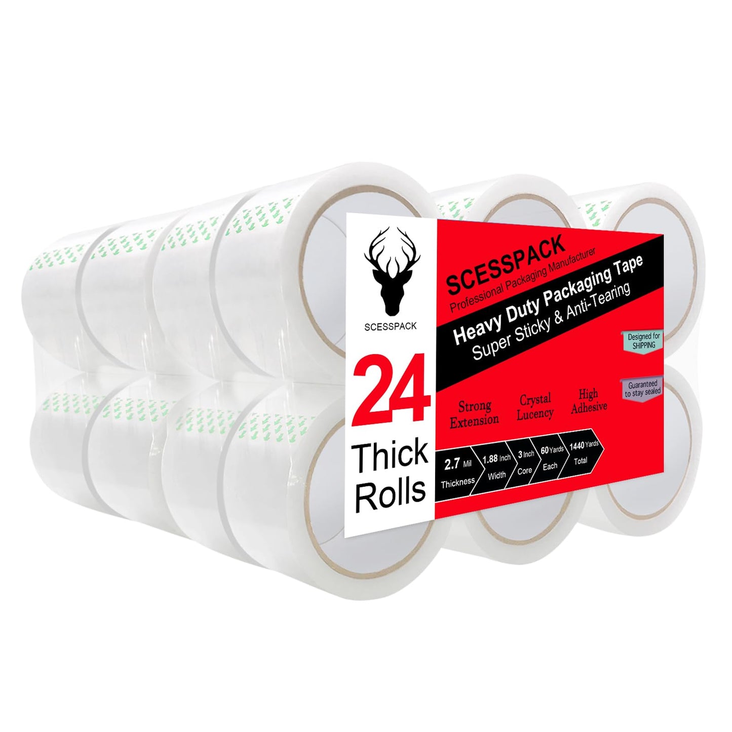 SCESSPACK Clear Packing Tape 24 Rolls,2.7mil Heavy Duty Packaging Tape Refills for Shipping Packaging Moving Sealing, 1.88 Inch x 60 yd Per Roll,Total 1440 Yards