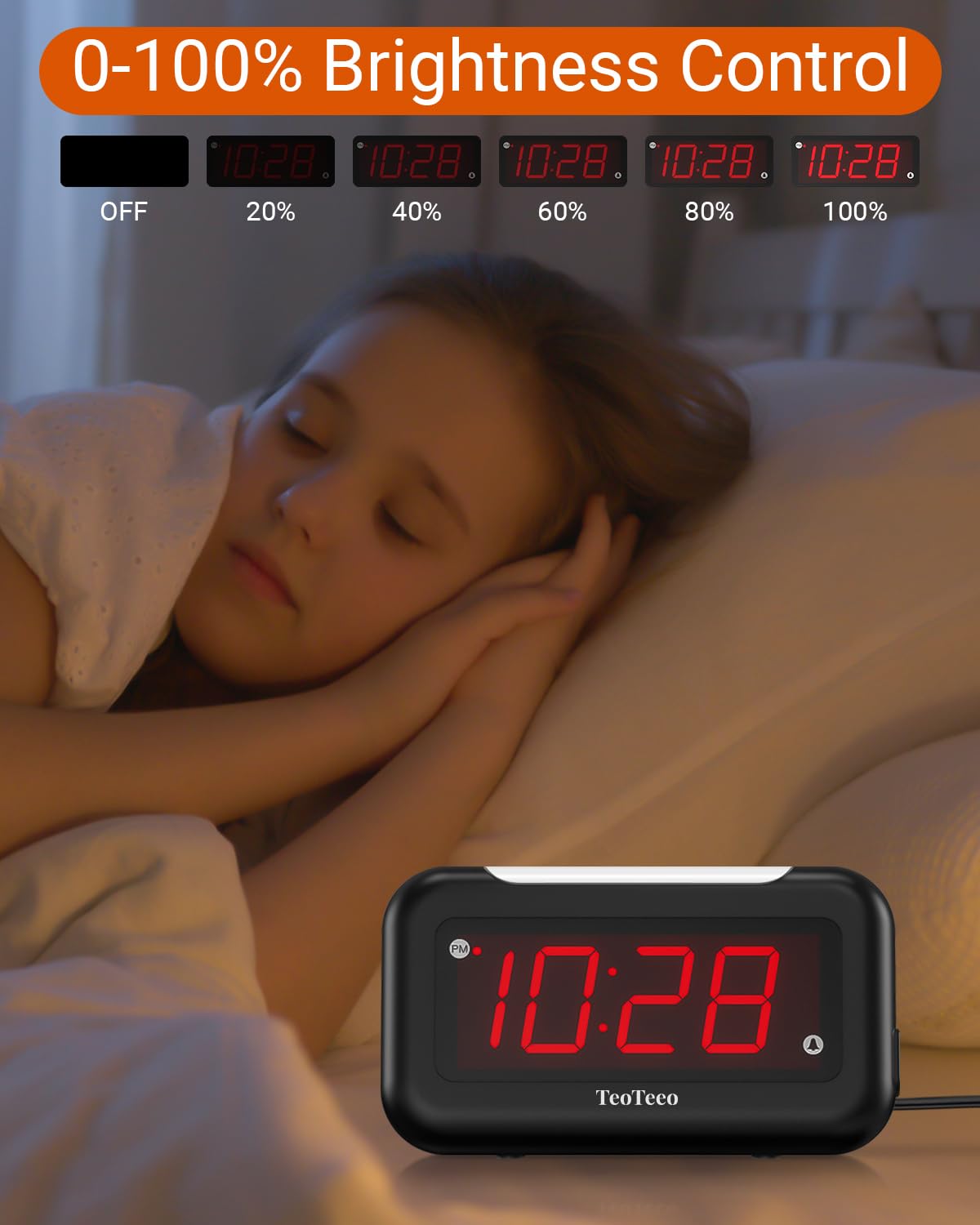TeoTeeo Alarm Clock with Red Digits,3 Level NightLight Alarm Clocks for Bedrooms,Plug in Digital Clock with USB Charging Port,Adjustable Volume,Dimmable,Snooze,Alarm Clock for Kids