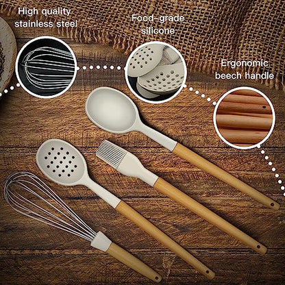 Kitchen Cooking Utensils Set, 14 Non-Stick Silicone Cooking Kitchen Utensils Spatula Set with Holder, Wooden Handle Silicone Kitchen Gadgets Utensil Set for Nonstick Cookware (Khaki)